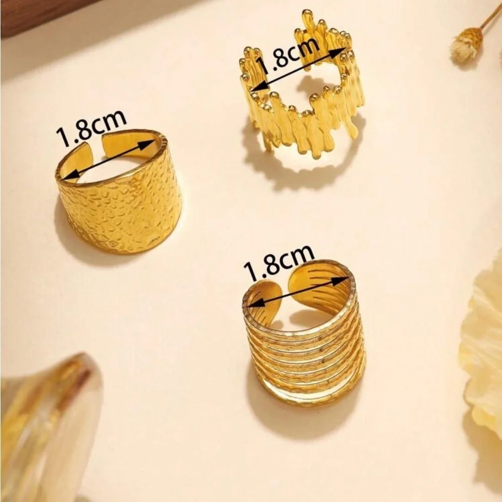 Gold Textured Stainless Steel Cuff Adjustable Ring Set